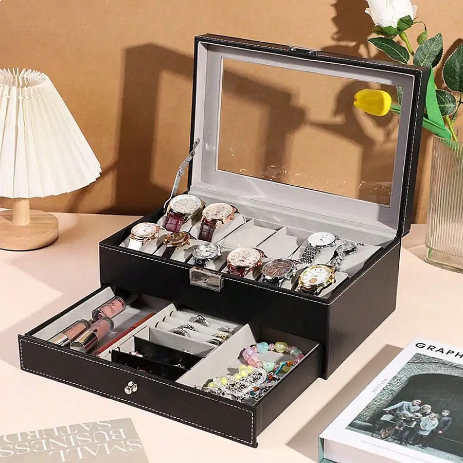 Horlogebox met 12 vakken en la - Jewelry And Watches Box recensie en prijs
