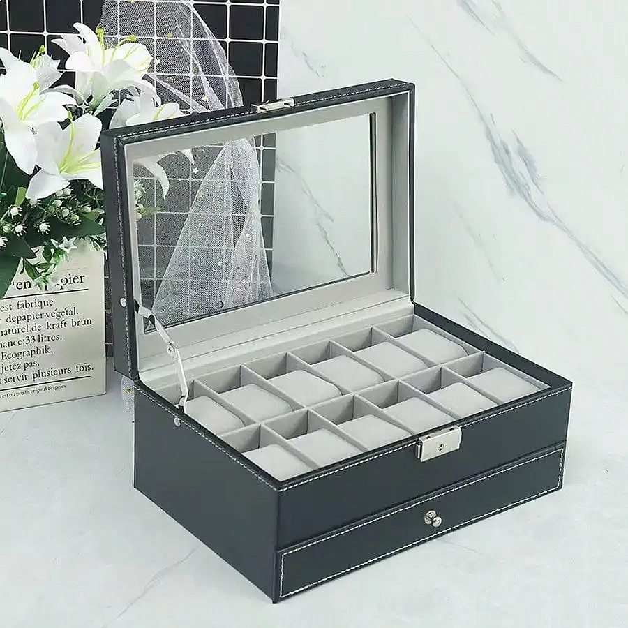 Horlogebox met 12 vakken en la - Jewelry And Watches Box recensie en prijs